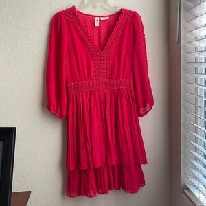 Anthropologie Sz4 Meadow Rue Pink Swiss Dot Boho V lined neck line tiered dress